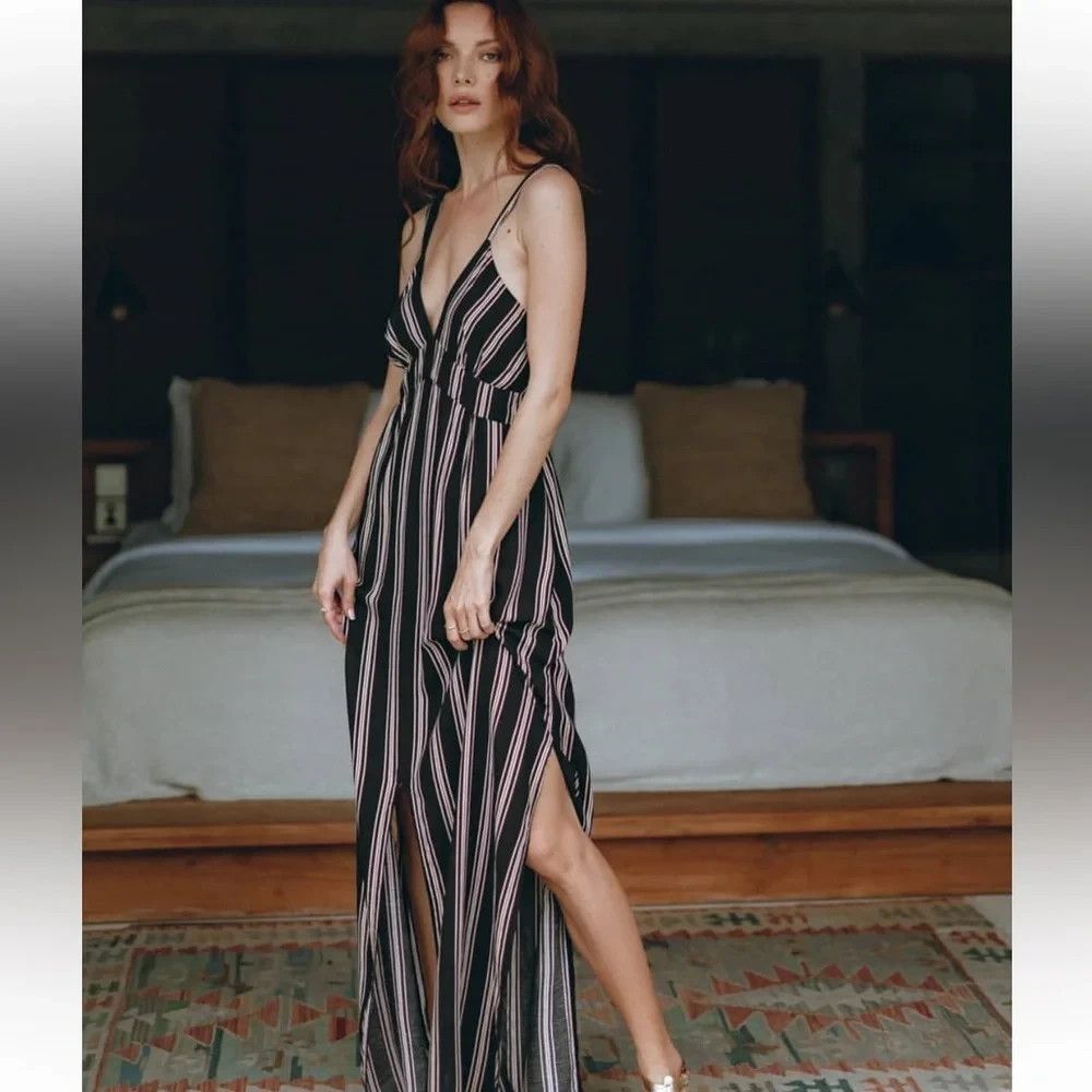 Pampelone Maison Black Tan Striped V Neck Maxi Dress Side Slit Small Resortwear